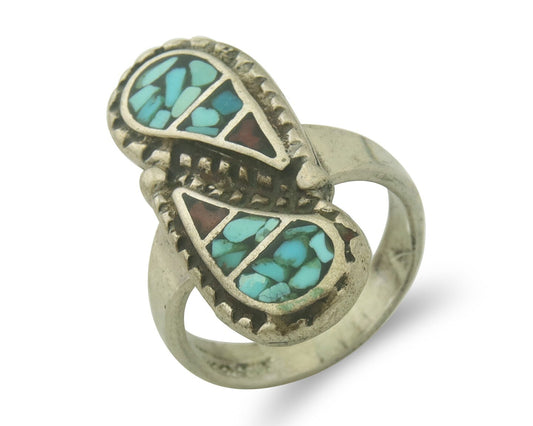 Vintage Navajo Ring 925 Sterling Turquoise & Coral Signed USA Size 4.75