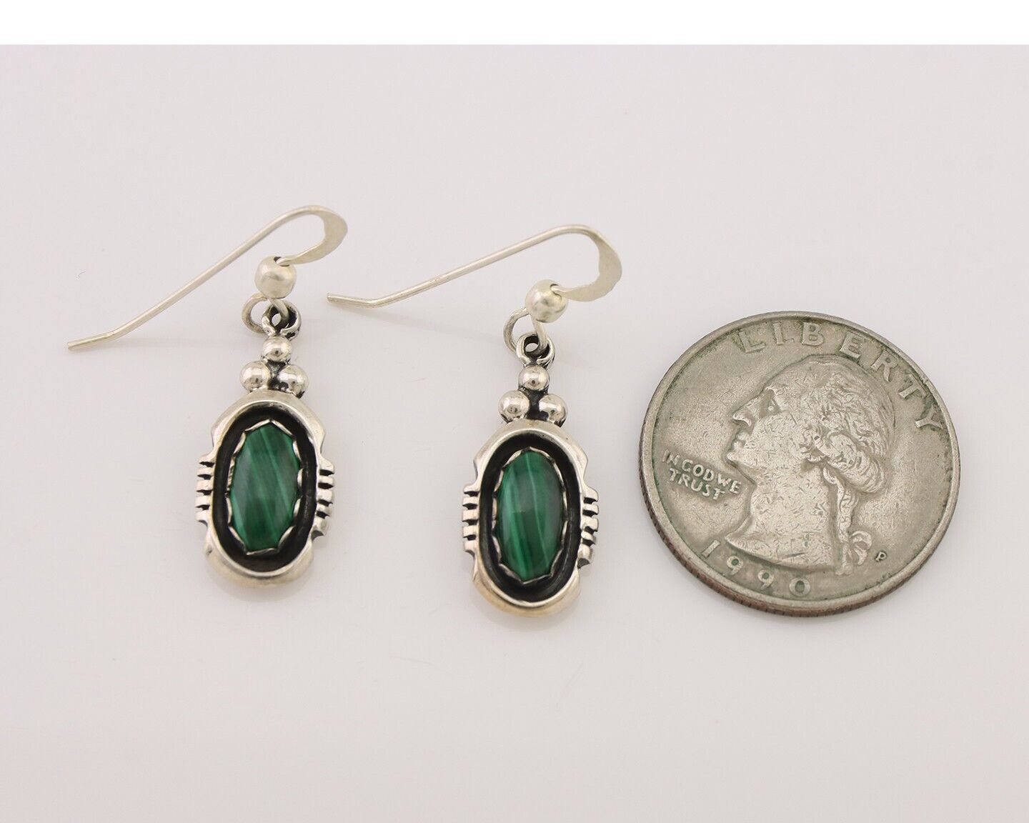Navajo Dangle Earrings 925 Silver Natural Malachite Native American Artist C.80s