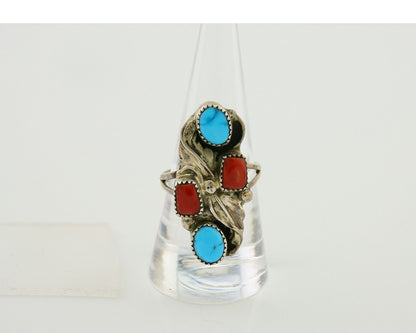 Navajo Handmade Ring 925 Silver Coral & Turquoise Native Artist C.80's