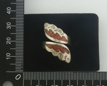 Navajo Ring 925 Silver Inlaid Natural Coral Native Artist C.80's Size 6.0