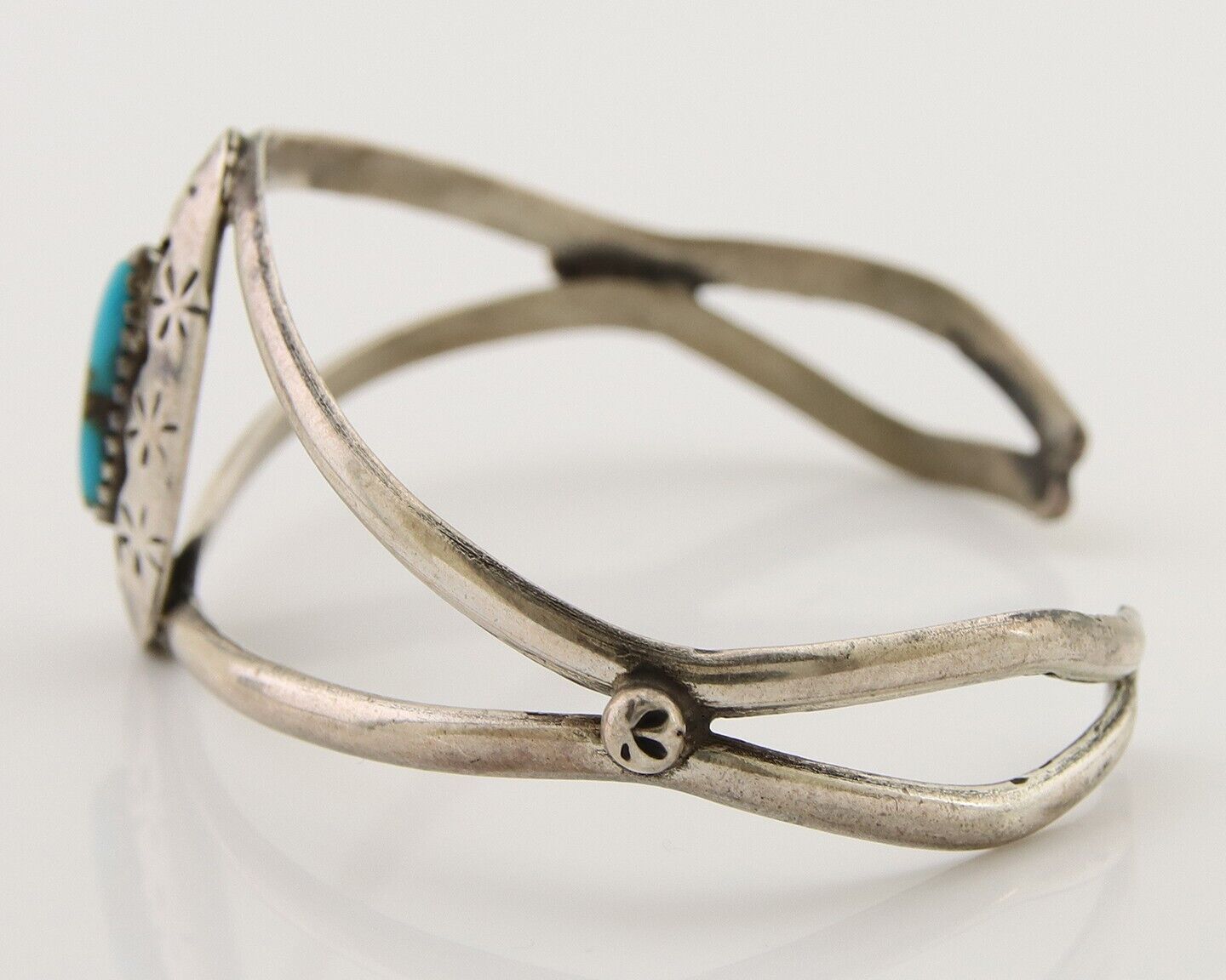 Navajo Hand Stamped Cuff Bracelet Malachite 925 Silver Artist Signed IJC C.80's