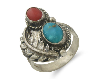 Navajo Ring 925 Sterling Natural Coral & Turquoise Signed EH C.80's Size 7.0
