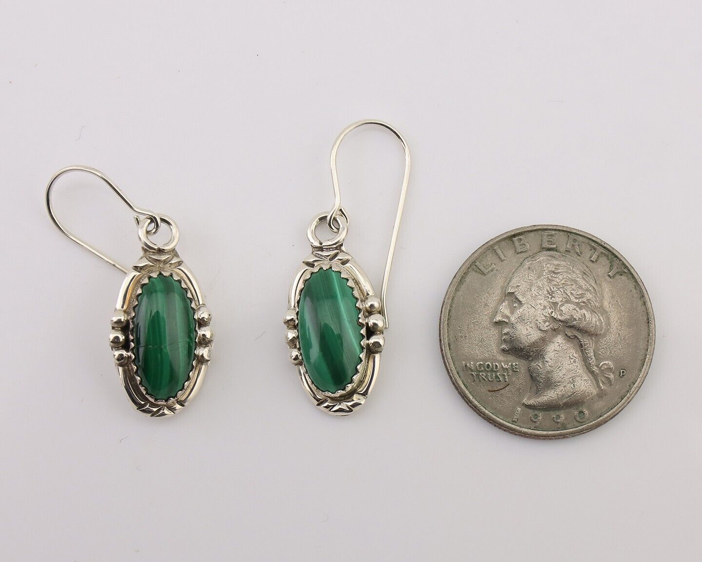 Navajo Earrings 925 Silver Natural Malachite Native American Artist C.80s