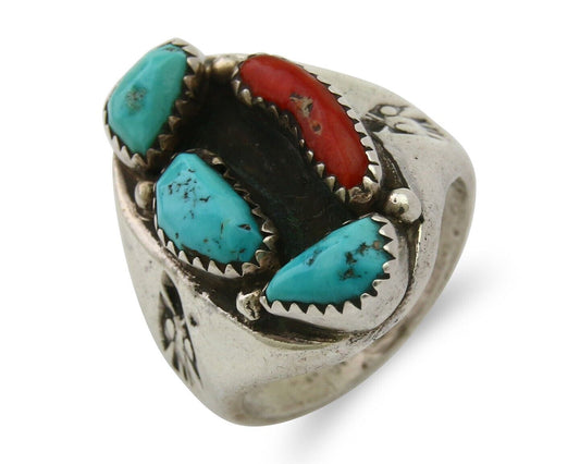 Navajo Men Ring Natural Turquoise & Coral 925 Silver Solid C.80's