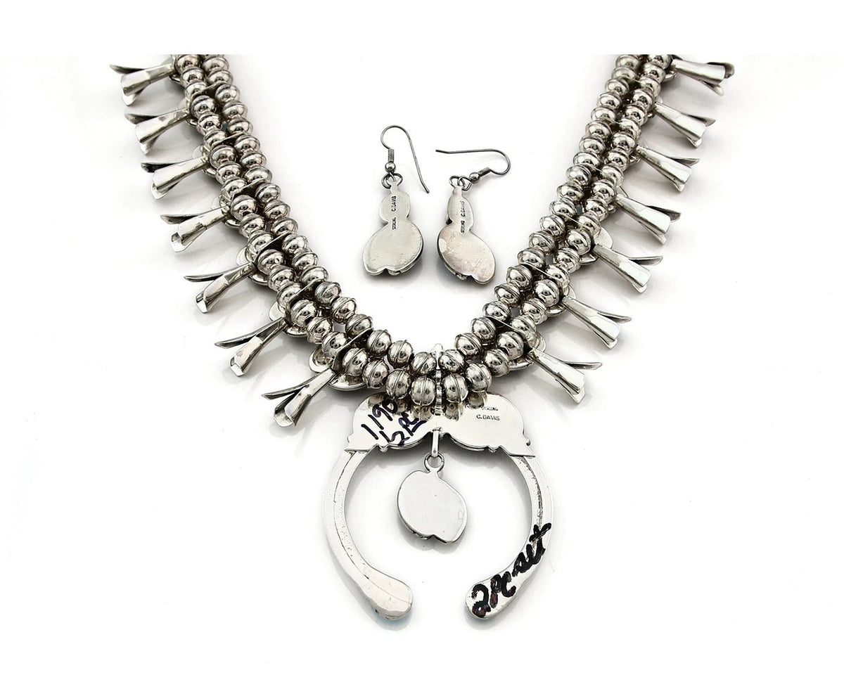 Navajo Squash Necklace Earring Set Sterling Silver Gemstones Signed C Davis C80s