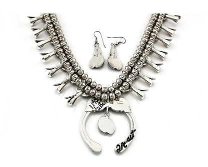 Navajo Squash Necklace Earring Set Sterling Silver Gemstones Signed C Davis C80s