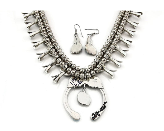 Navajo Squash Necklace Earring Set Sterling Silver Gemstones Signed C Davis C80s