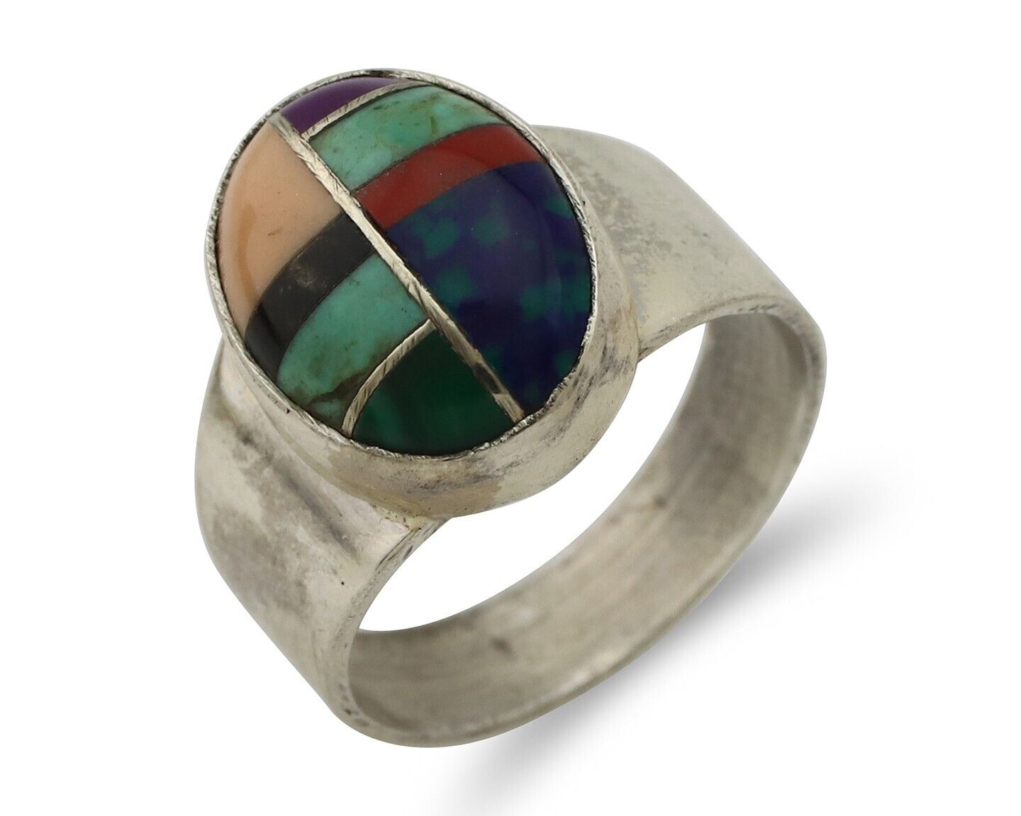 Zuni Inlaid Ring 925 Silver Mixed Natural Gemstones Native American Artist C.80s