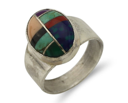 Zuni Inlaid Ring 925 Silver Mixed Natural Gemstones Native American Artist C.80s