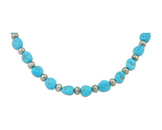 Vintage Navajo Bead Necklace 925 Silver Turquoise Hand Stamped Native Artist