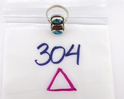 Navajo Ring 925 Silver Sleeping B Turquoise & Coral Native American Artist C.80s