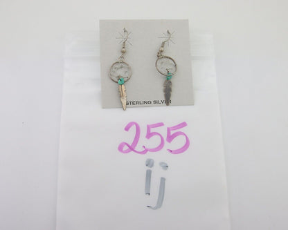 Navajo Dangle Dream Catcher Earrings 925 Silver Blue Turquoise Native Artist C80