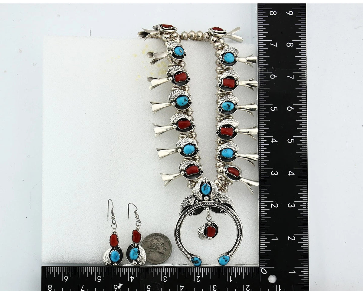 Navajo Squash Necklace Earring Set Sterling Silver Gemstones Signed C Davis C80s