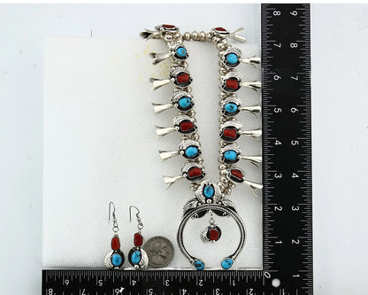Navajo Squash Necklace Earring Set Sterling Silver Gemstones Signed C Davis C80s