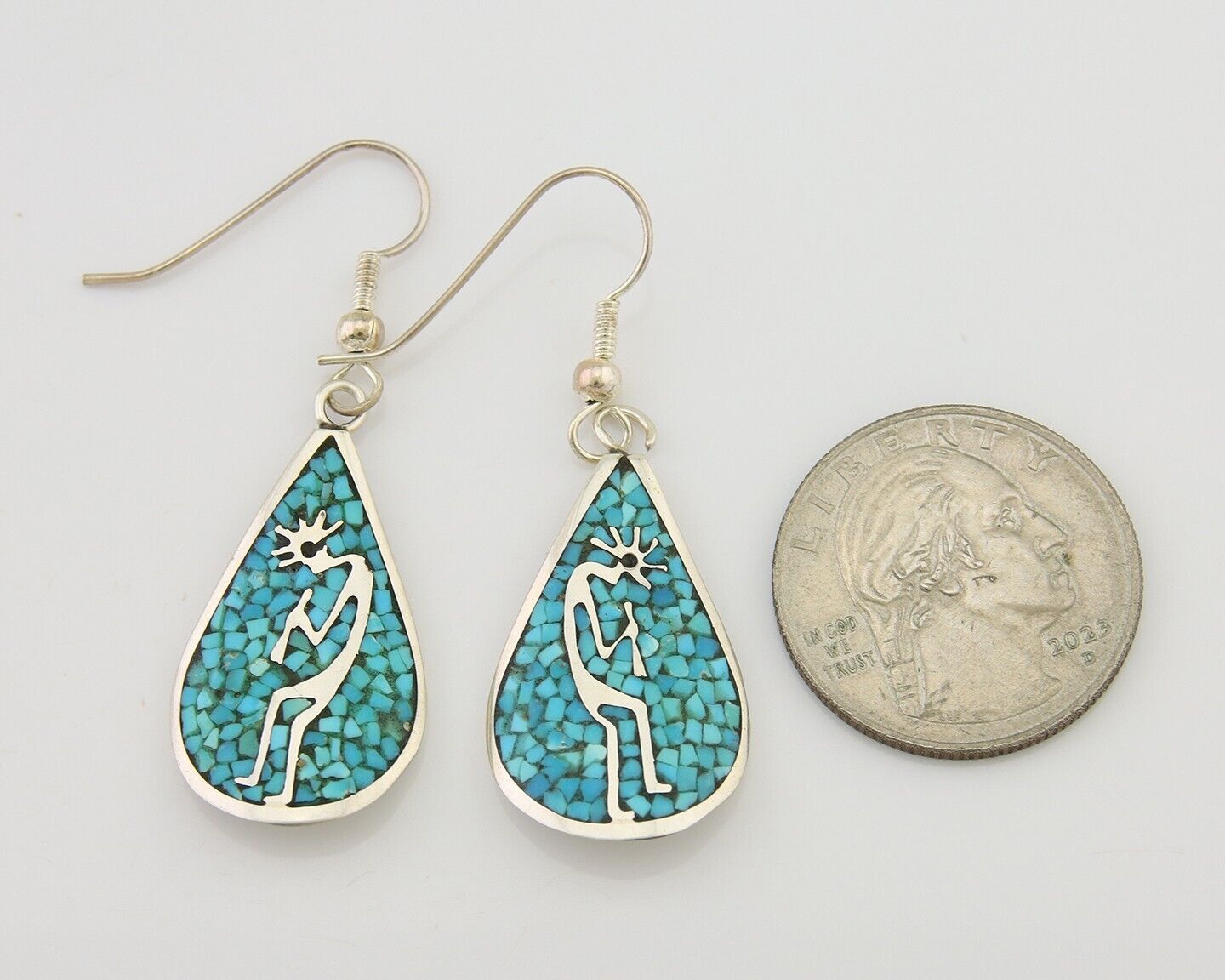Navajo Kokopelli Earrings 999 Nickel Chip Inlay Turquoise Coral Native American