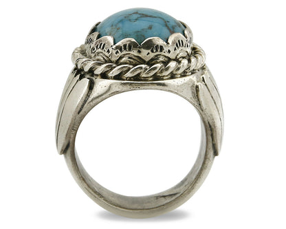 Navajo Ring .925 SOLID Silver Kingman Turquoise Signed Artist TeePee C.80's