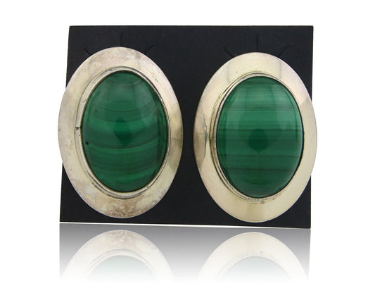 Navajo Earrings 925 Silver Natural Malachite Native American Artist C.80's