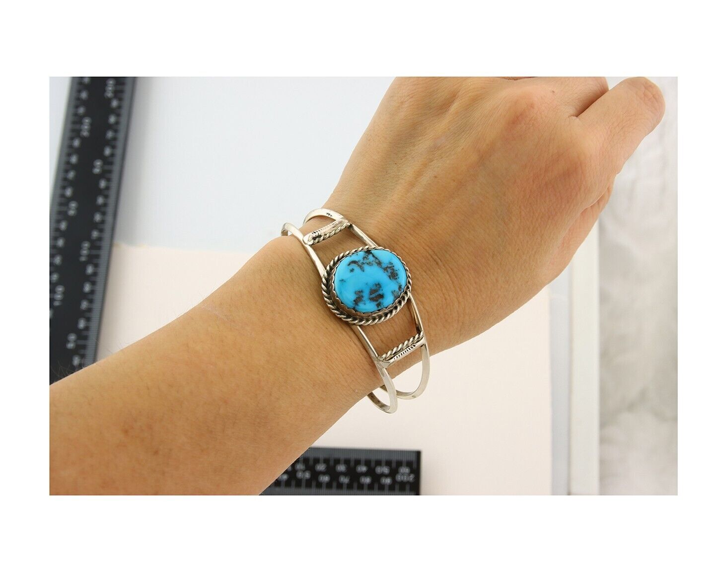 Navajo Bracelet 925 Silver Natural Blue Turquoise Native American Artist C.80s