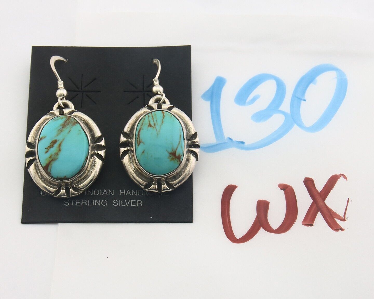 Navajo Earrings 925 Silver Eagle Natural Turquoise Signed Gecko C80s