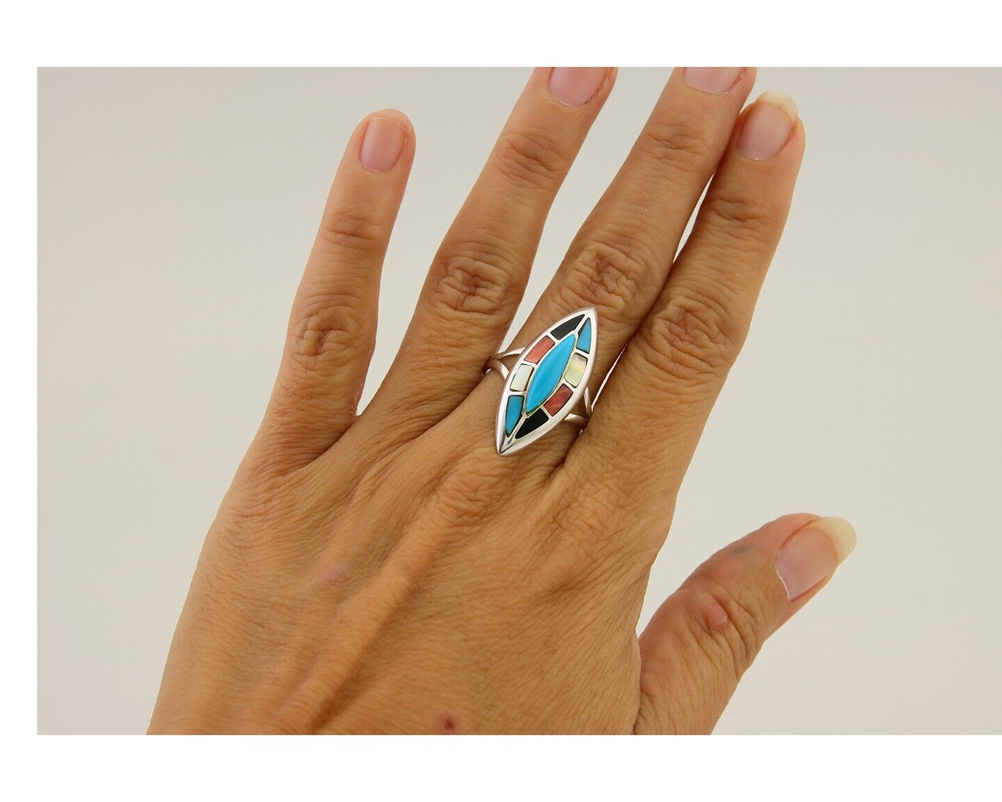 Navajo Ring 925 Silver Turquoise Shell Onyx Spiney Oyster Native Artist C80's