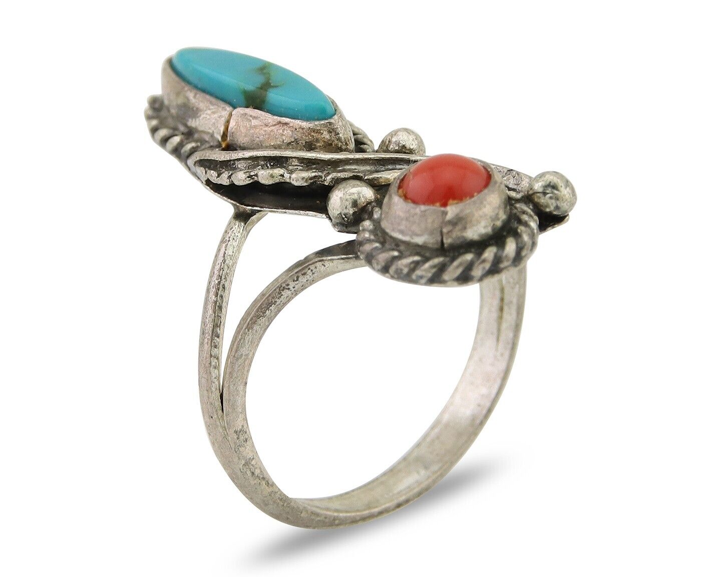 Navajo Handmade Ring 925 Silver Coral & Turquoise Native Artist C.80's