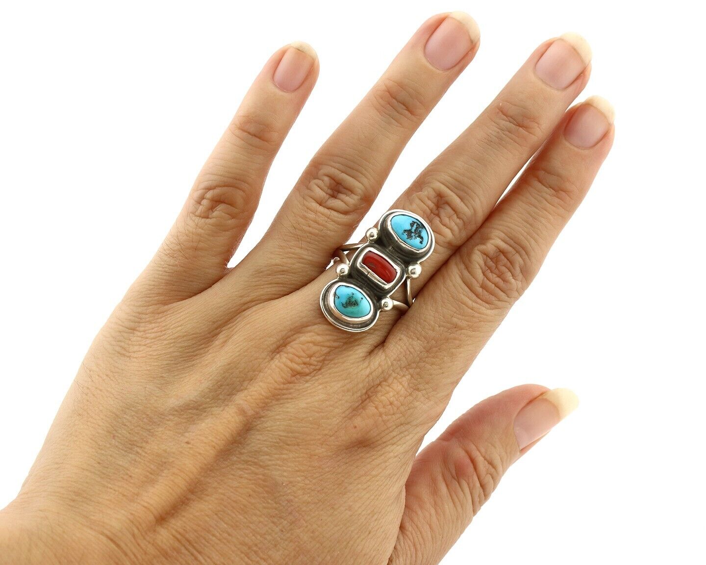 Navajo Ring 925 Silver Sleeping B Turquoise & Coral Native American Artist C.80s