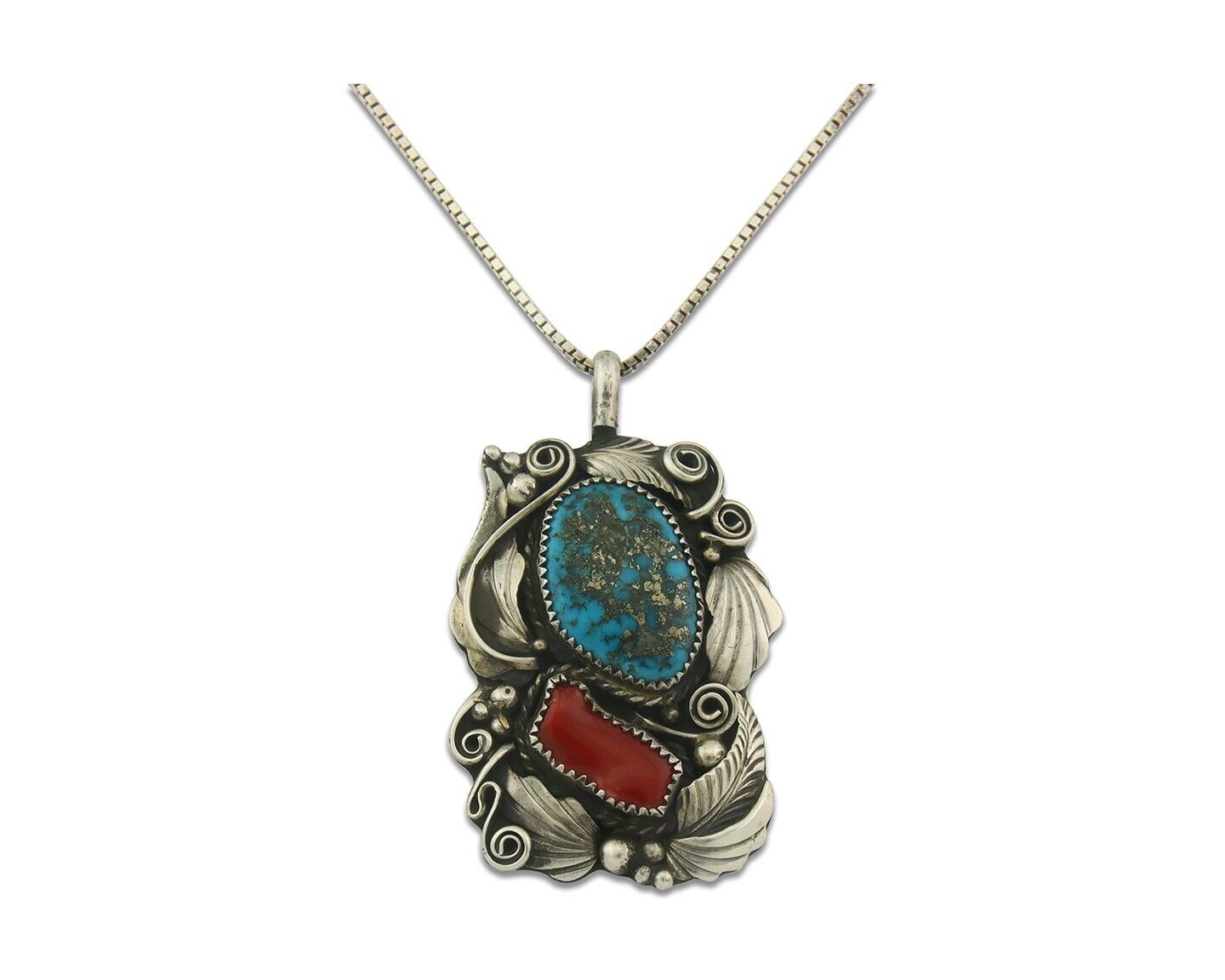 Navajo Necklace 925 Silver Morenci Turquoise & Coral Signed Justin Morris