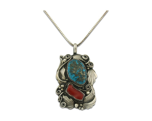 Navajo Necklace 925 Silver Morenci Turquoise & Coral Signed Justin Morris