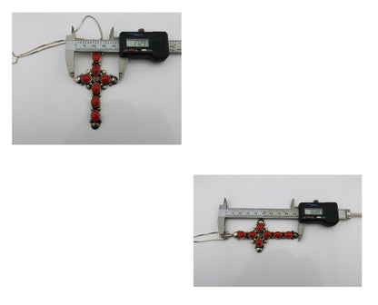 Navajo Cross Pendant 925 Silver Natural Coral Artist Signed Archie Martinez C80s