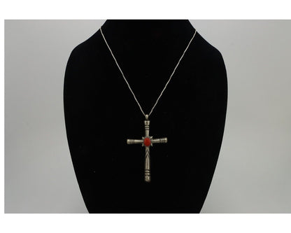 Navajo Cross Pendant 925 Silver Natural Coral Artist Signed De Chelly C.80's