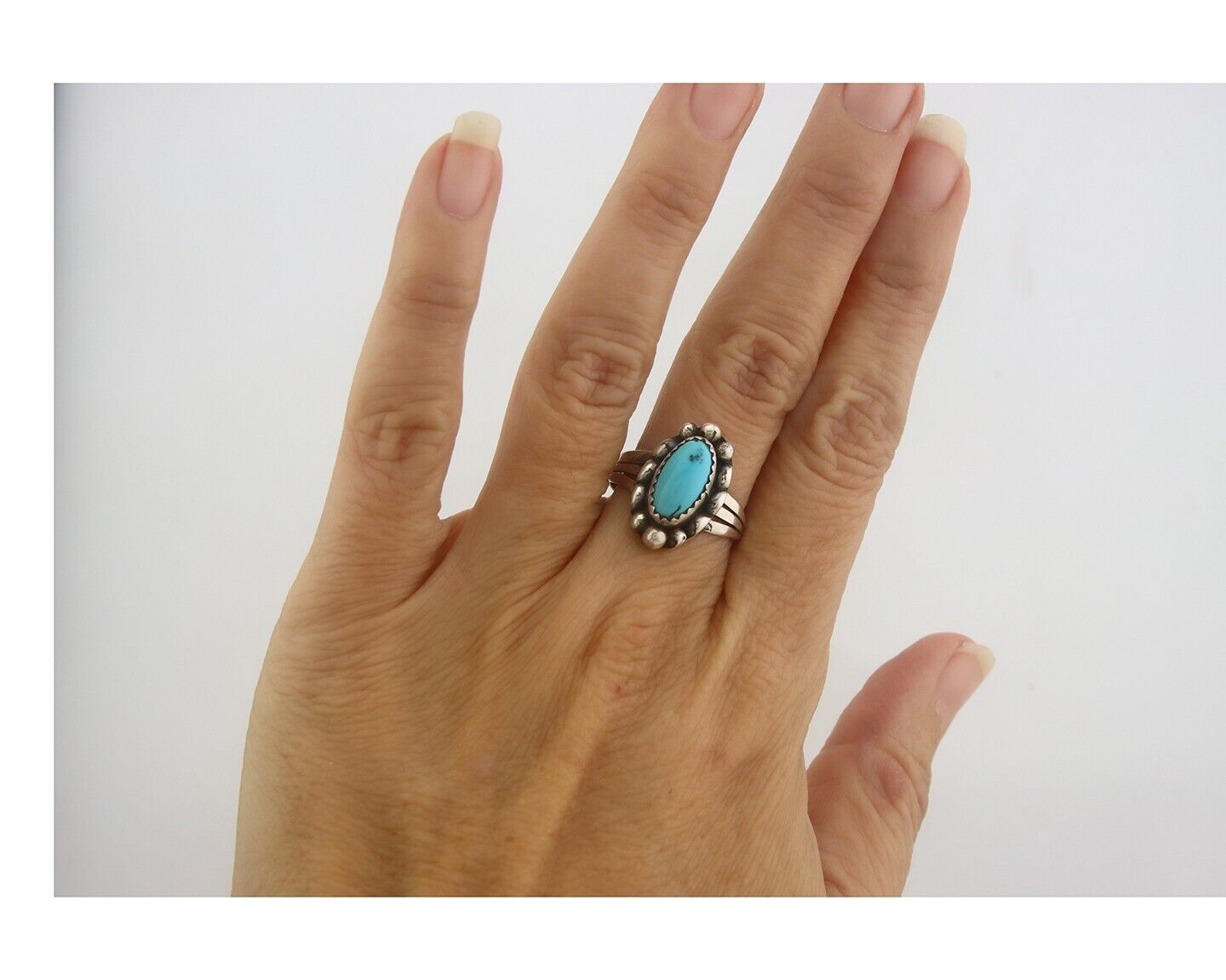 Navajo Ring 925 Sterling Natural Turquoise Native Artist C.80's Size 7.25