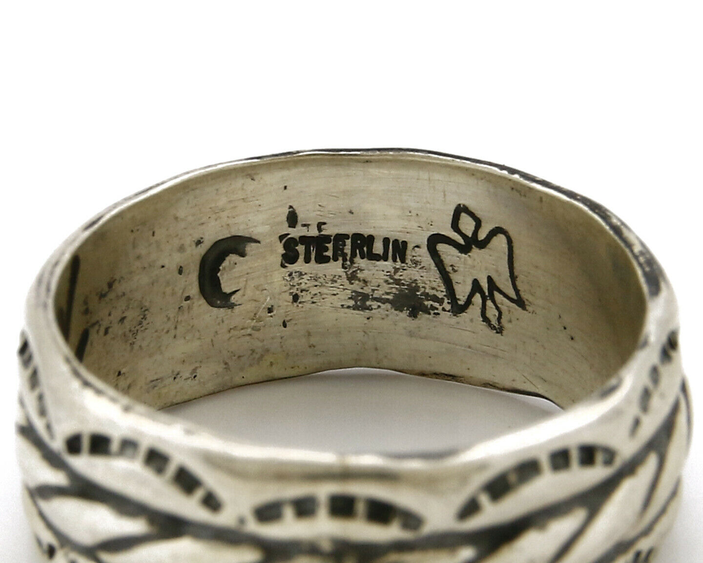Navajo Ring .925 Silver Handmade Hand Stamped 3 Row Rope Band C.1980's