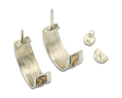 Navajo Hoop Earrings Sterling Silver & Gold Vintage Handmade Signed E