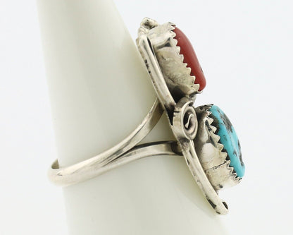 Navajo Ring .925 Silver Turquoise & Coral Artist Signed Justin Morris C.80's