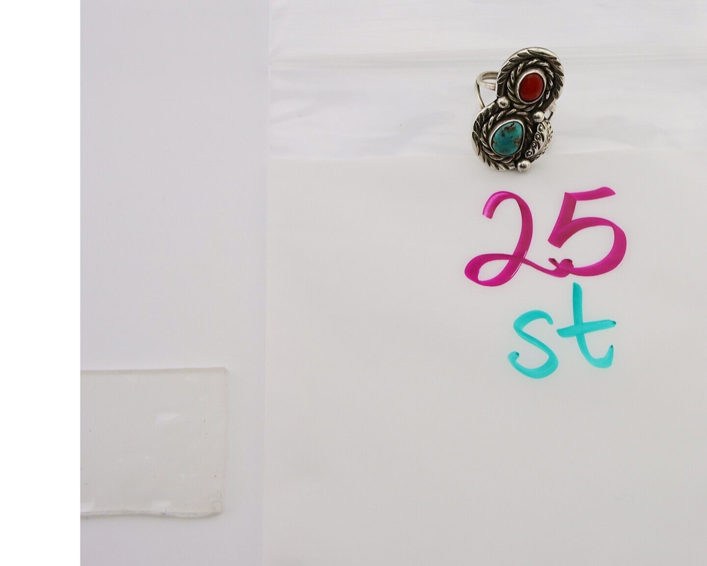 Navajo Handmade Ring 925 Silver Turquoise & Coral Native Artist C.80's
