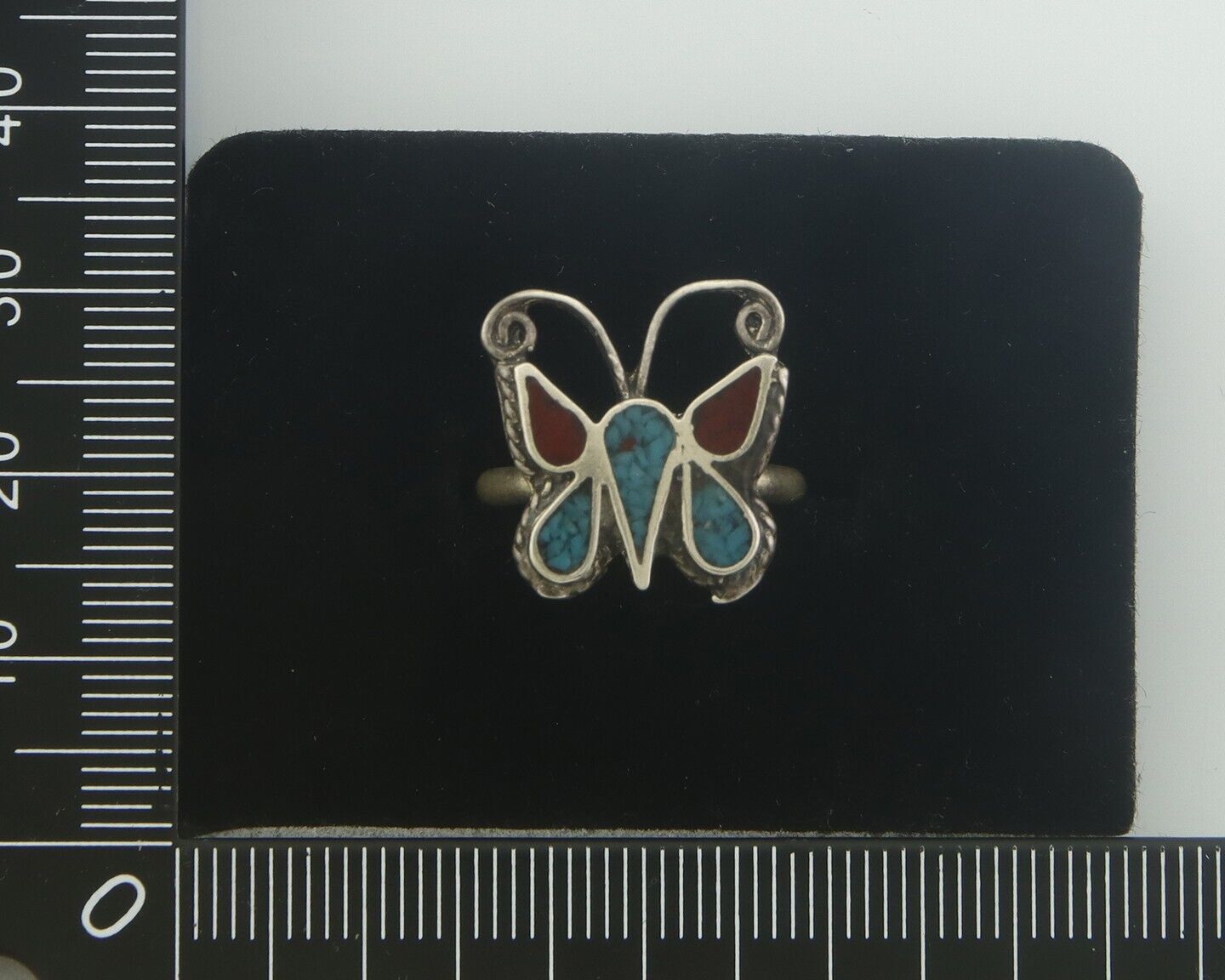 Navajo Ring 925 Silver Inlaid Butterfly Turquoise & Coral C.80's Size 5.5