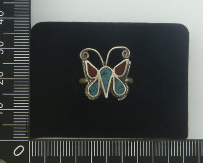 Navajo Ring 925 Silver Inlaid Butterfly Turquoise & Coral C.80's Size 5.5