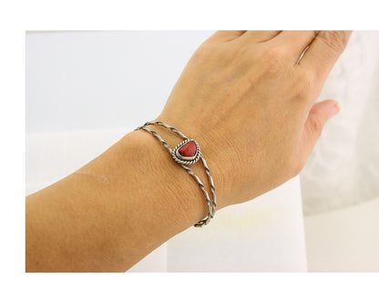 Navajo Bracelet .925 Silver Mediterranean Red Coral Cuff Native Artist C.80's