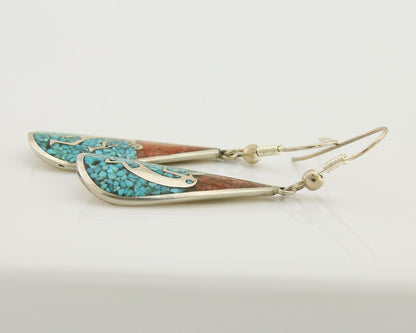 Navajo Kokopelli Earrings 999 Nickel Chip Inlay Turquoise Coral Native American
