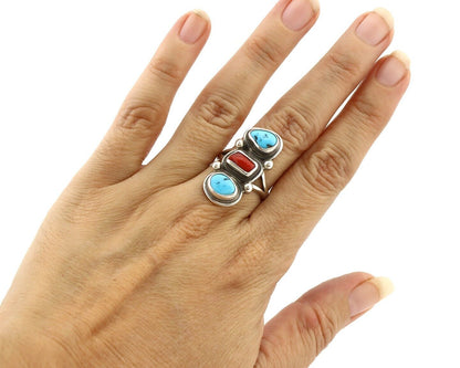Navajo Ring 925 Silver Sleeping B Turquoise & Coral Native American Artist C.80s