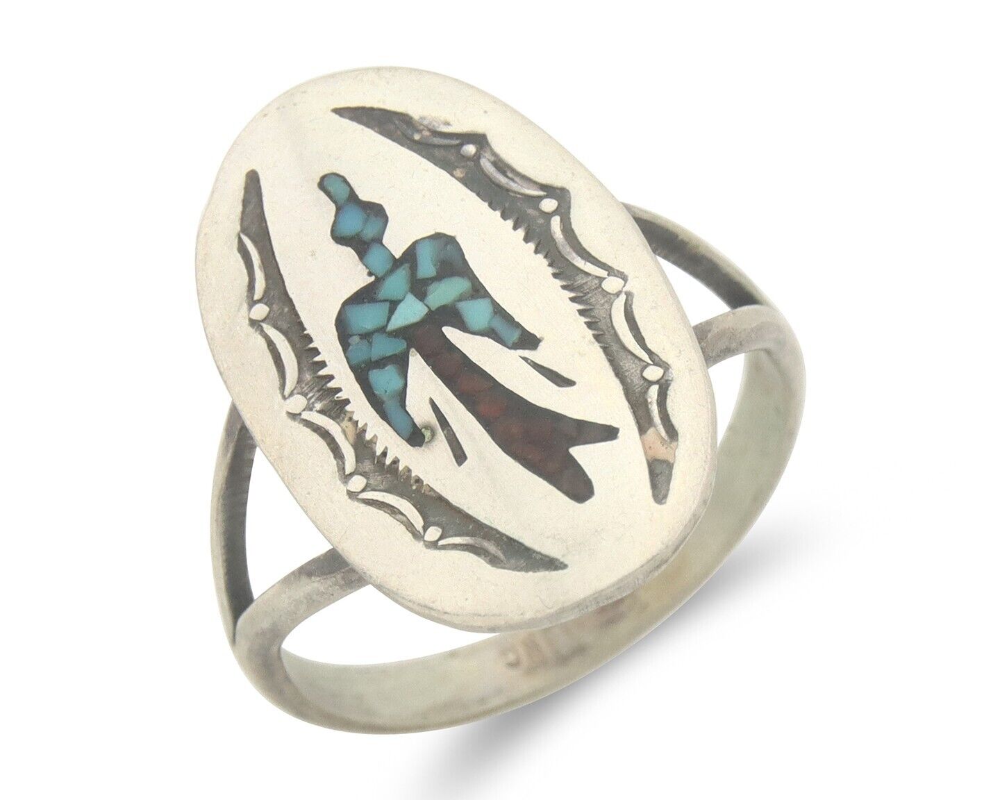 Navajo Ring 925 Sterling Natural Chip Inlay Coral & Turquoise C.80's Size 8.0
