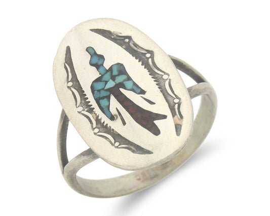 Navajo Ring 925 Sterling Natural Chip Inlay Coral & Turquoise C.80's Size 8.0