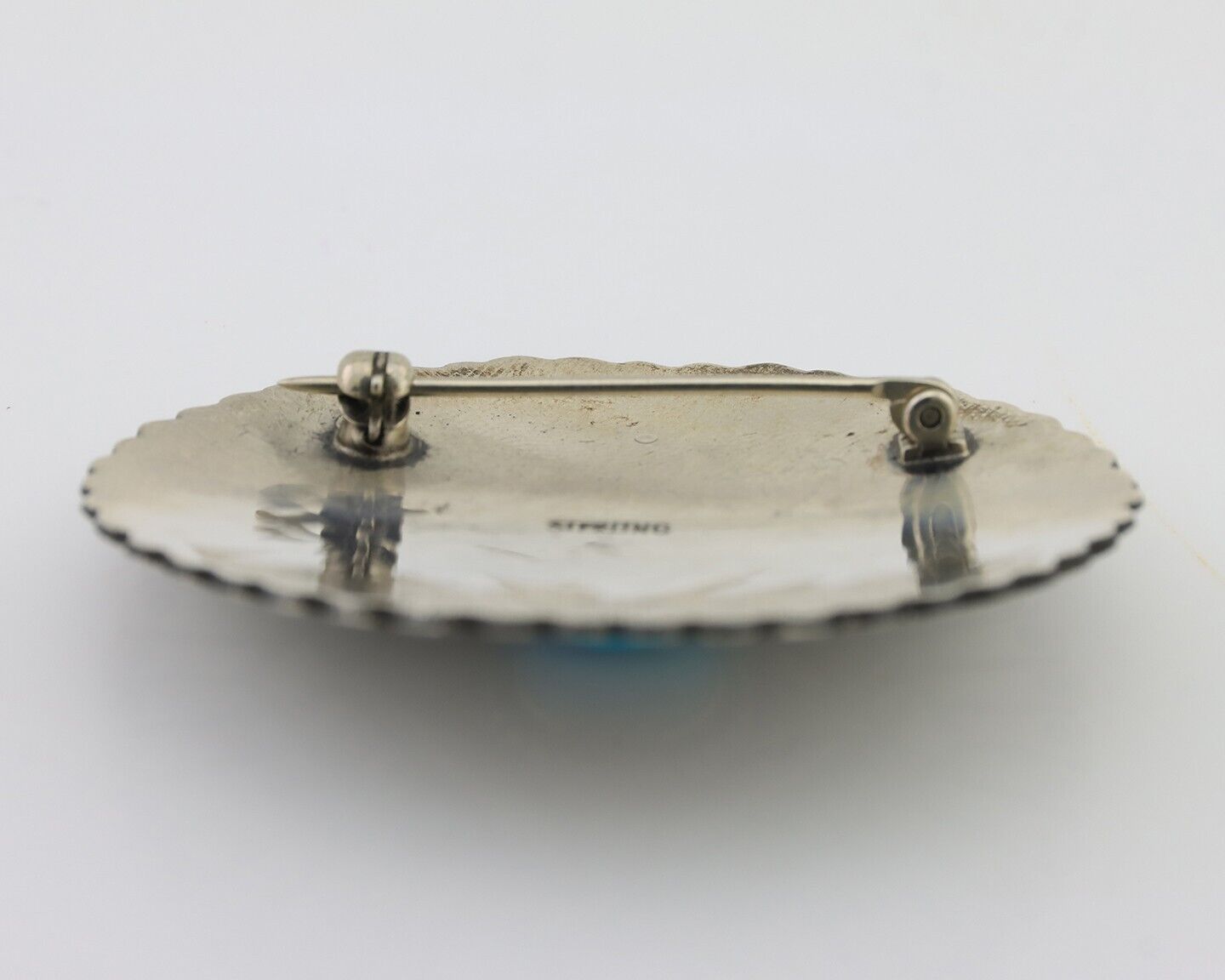 Navajo Pin 925 Silver Natural Turquoise Hand Stamped Native Artist C.80s