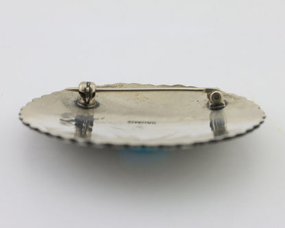 Navajo Pin 925 Silver Natural Turquoise Hand Stamped Native Artist C.80s