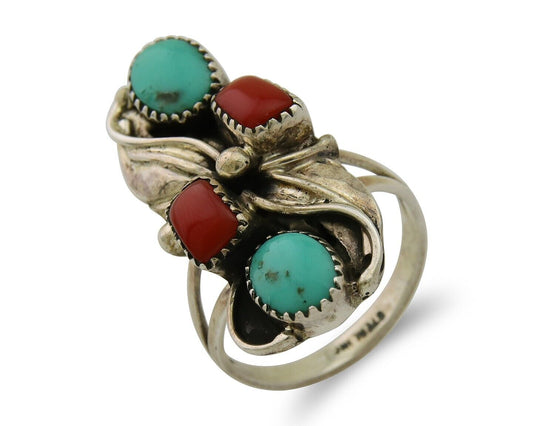 Navajo Handmade Ring 925 Silver Coral & Turquoise Native Artist C.80's