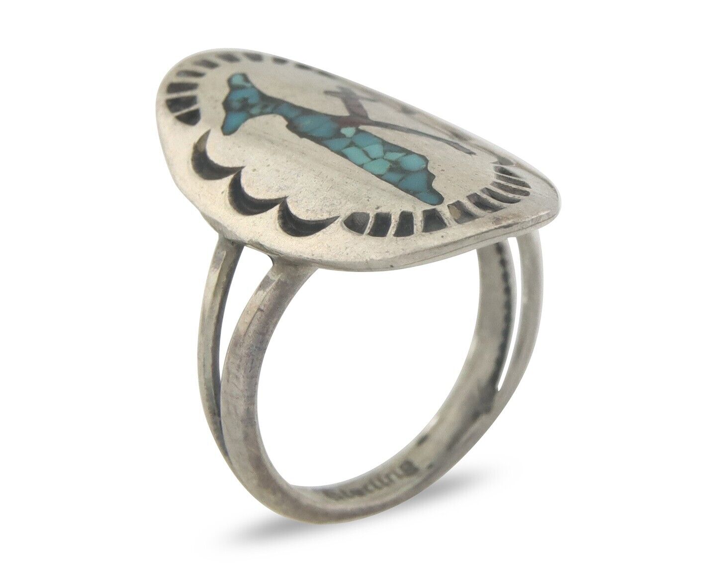 Navajo Ring 925 Sterling Natural Chip Inlay Coral & Turquoise C.80's Size 4.5