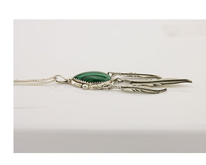 Large Navajo Pendant 925 Silver Natural Malachite Native American Artist C.80's