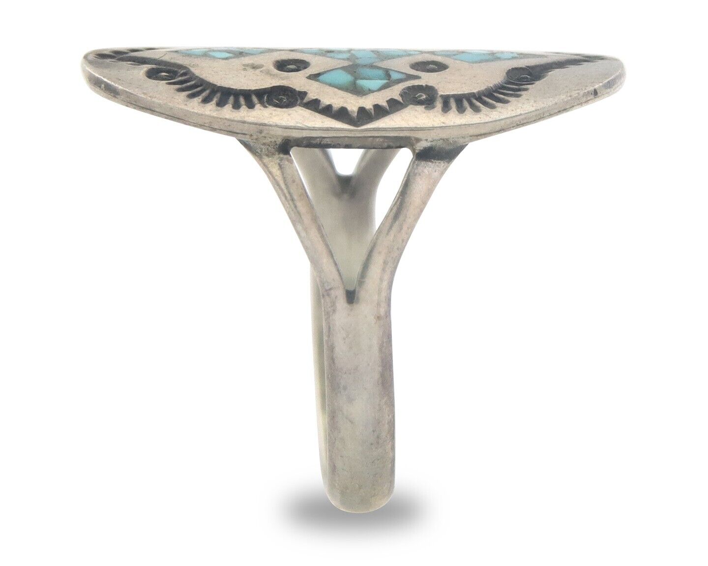 Navajo Ring 925 Sterling Natural Chip Inlay Turquoise C.80's Size 5.25