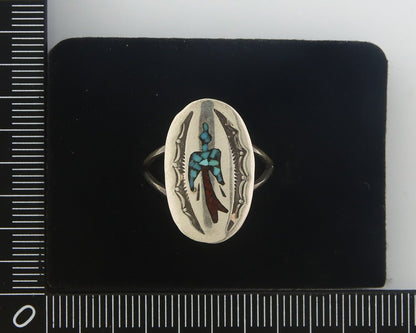 Navajo Ring 925 Sterling Natural Chip Inlay Coral & Turquoise C.80's Size 8.0