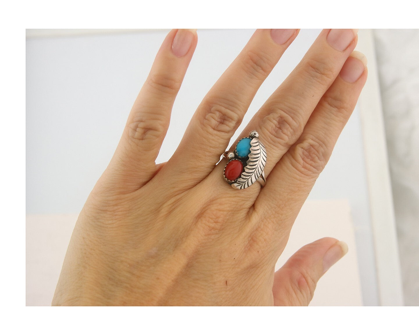 Navajo Ring 925 Sterling Natural Coral & Turquoise Signed BB C.80's Size 6.5